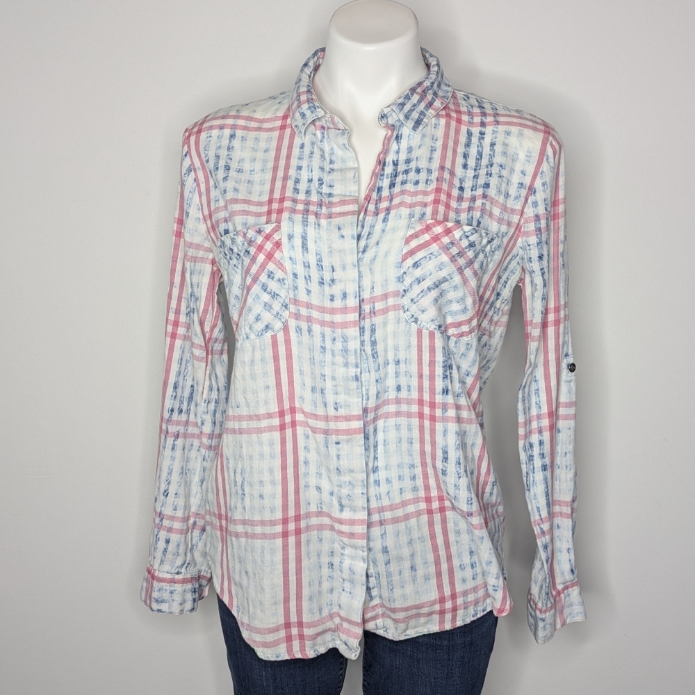 Cotton On Red White Blue Striped Plaid Button Up Long Sleeve Top XS